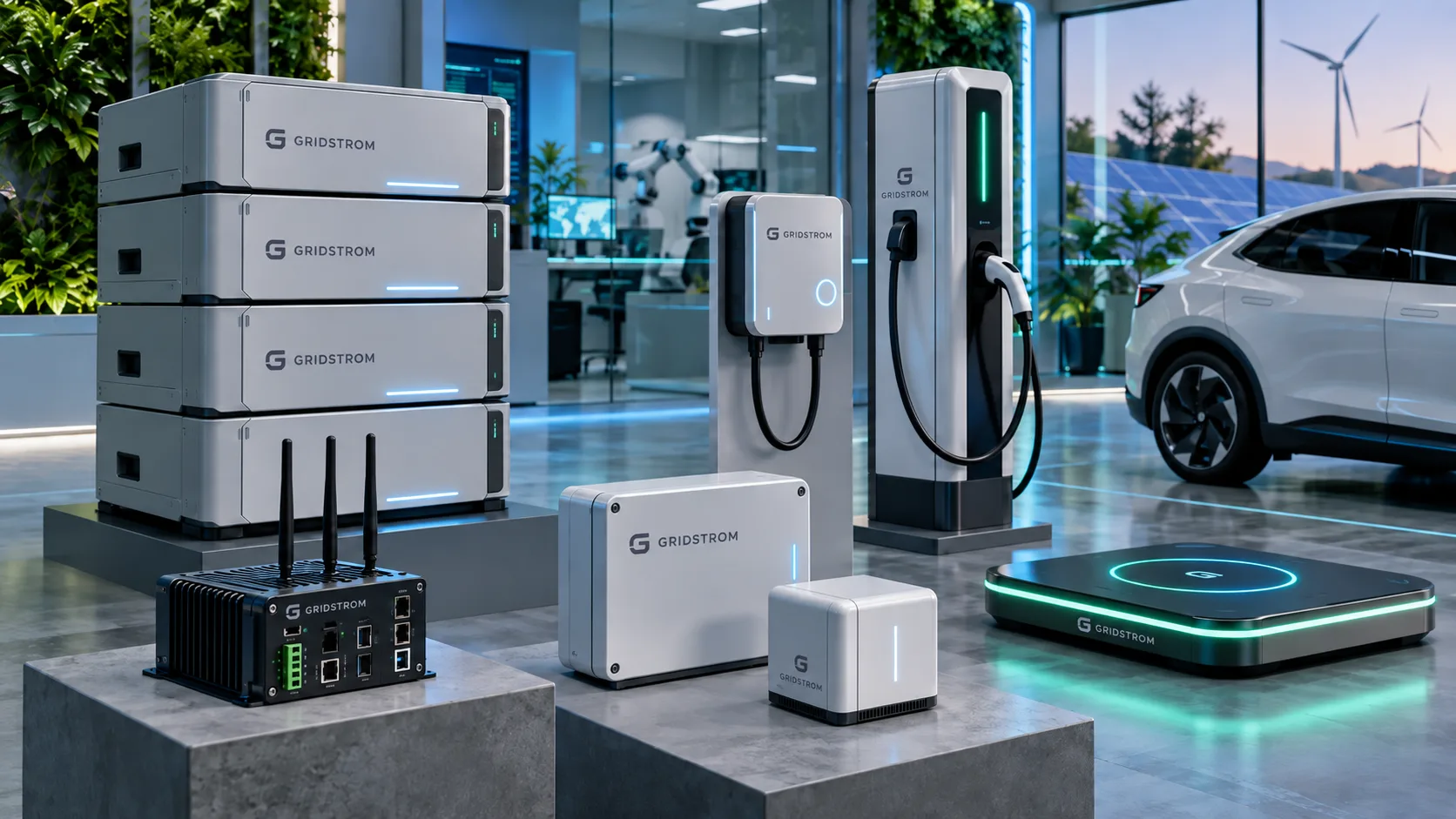 GRIDSTROM-branded battery modules, wall and pedestal EV chargers, a wireless charging pad and gateway hardware displayed in a daylight showroom.