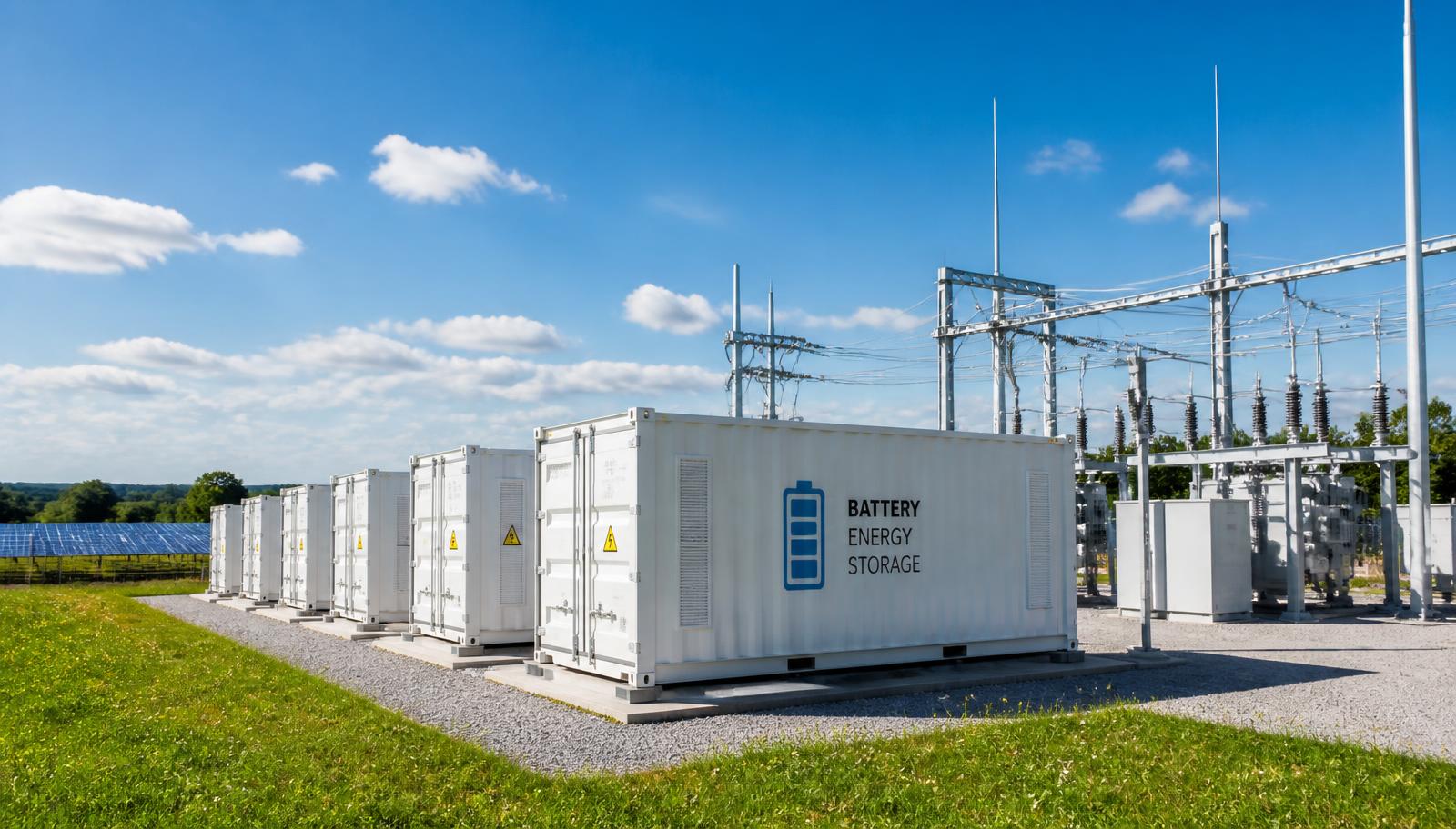 Rows of white containerized battery energy storage systems beside a substation in bright daylight