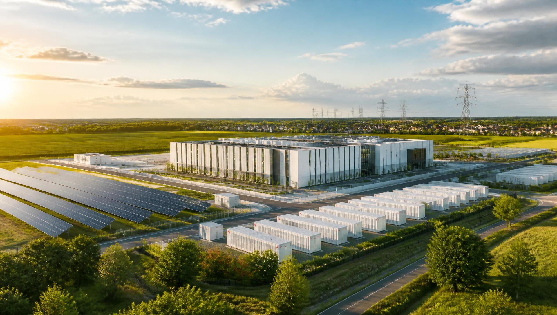 A data center campus beside a solar array and battery storage containers in daylight