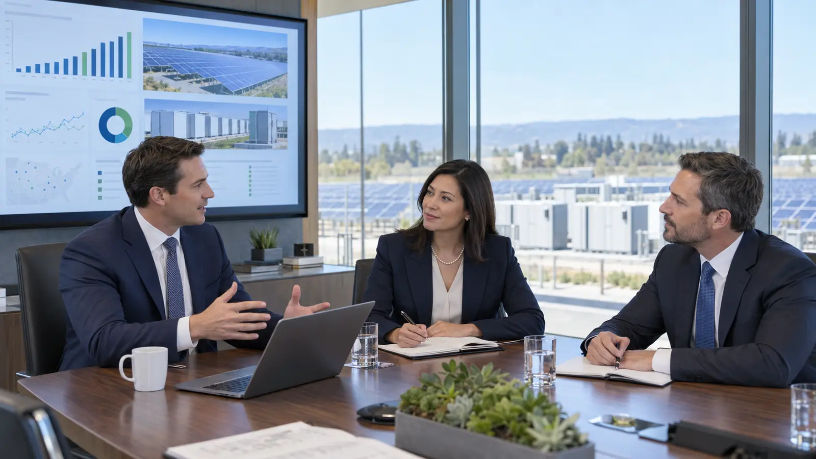 Representative image of three energy leaders reviewing financial and operational information together in a conference room.