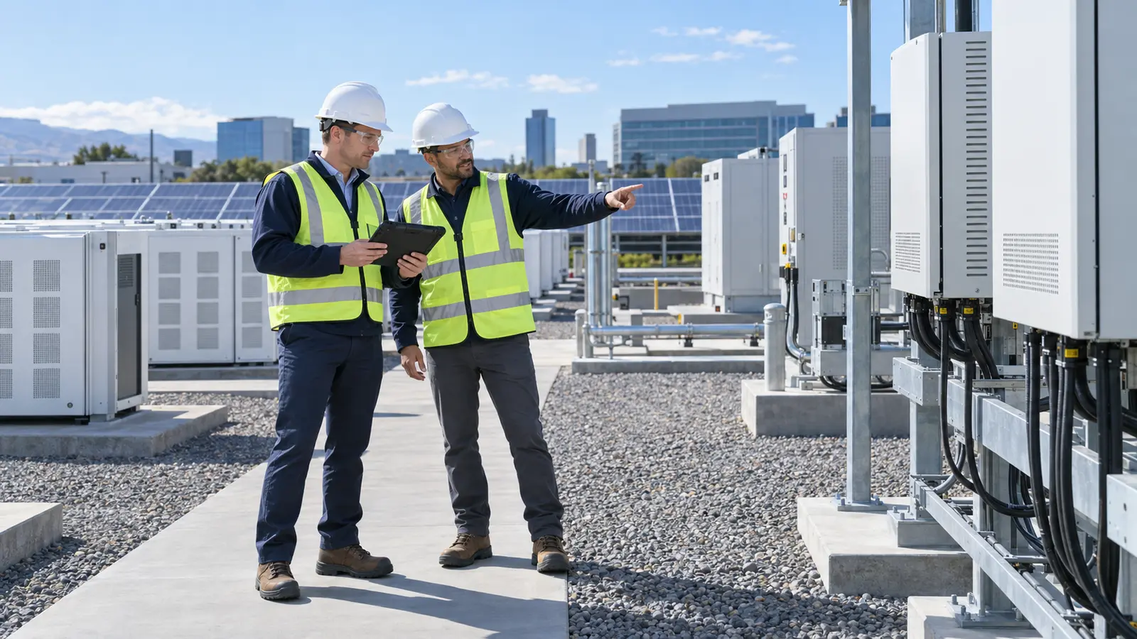 Representative image of two energy professionals in protective equipment reviewing a solar and battery site with a tablet.