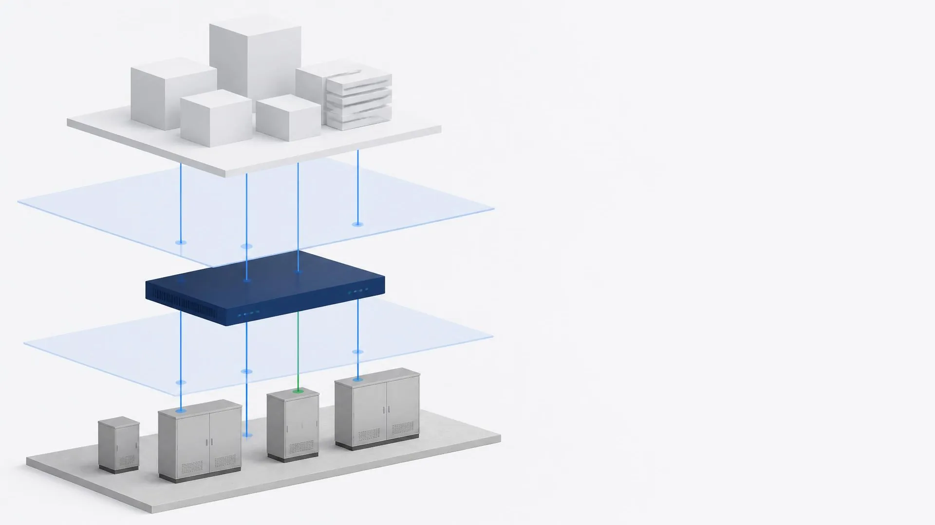 Isometric illustration of three stacked tiers — site equipment cabinets, a navy edge controller, and pale cloud blocks — joined by blue connectors passing through translucent boundary planes.