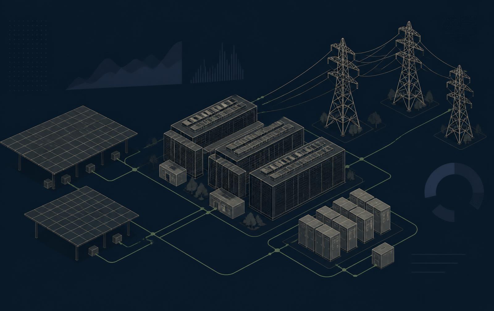 Editorial isometric illustration of a campus linking solar canopies, data centers, battery storage, and transmission infrastructure