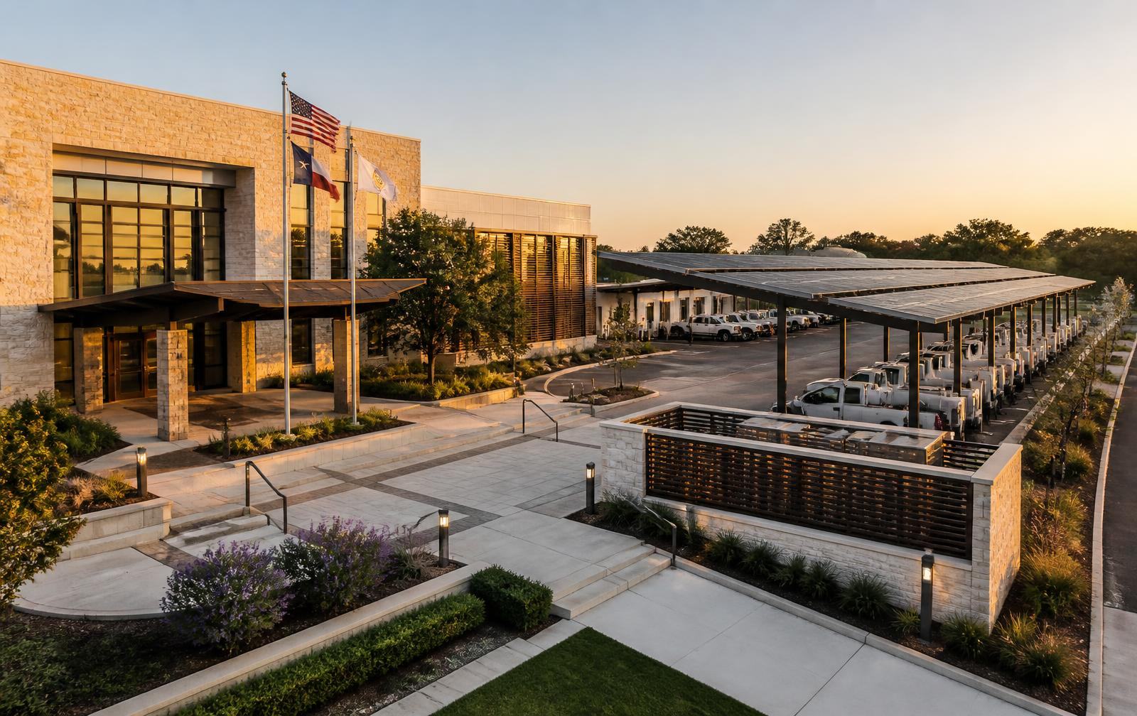 Completed municipal operations and public safety campus at golden hour with a civic entry plaza and flags, a solar carport over municipal fleet trucks at charging pedestals, and battery storage screened behind stone and louver walls