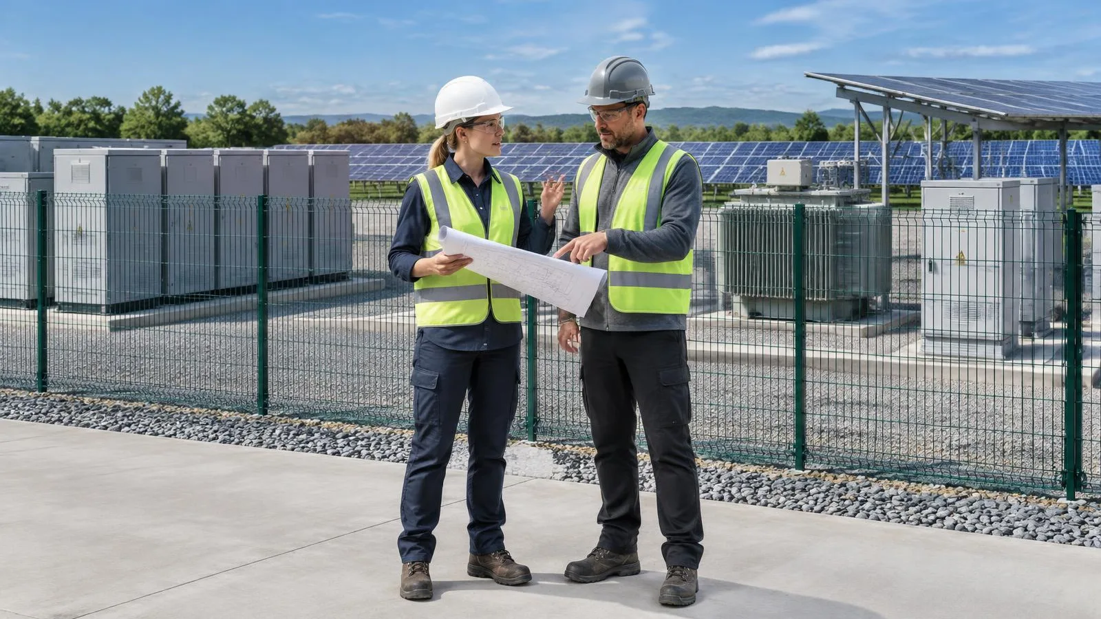 An engineer and an operations leader reviewing a site plan beside an integrated microgrid with battery storage, switchgear, transformer equipment and solar generation—a representative scene.