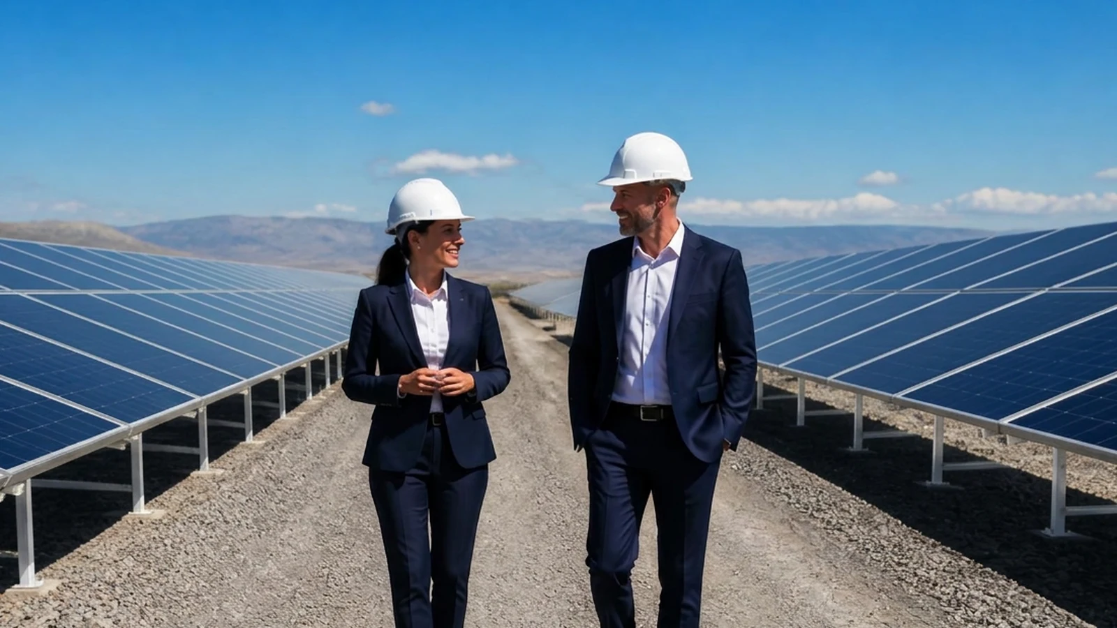 Two energy professionals in hard hats walking between rows of solar panels.