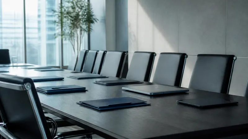 An empty corporate boardroom in daylight with unmarked document folders and a closed laptop arranged along a dark conference table.