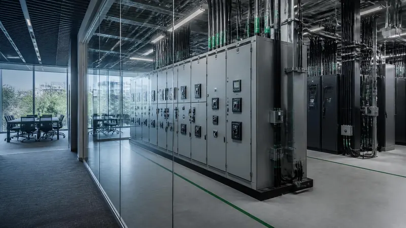 A commercial building's electrical switchgear room photographed through a glass wall, with a corporate meeting room visible beyond the glass.