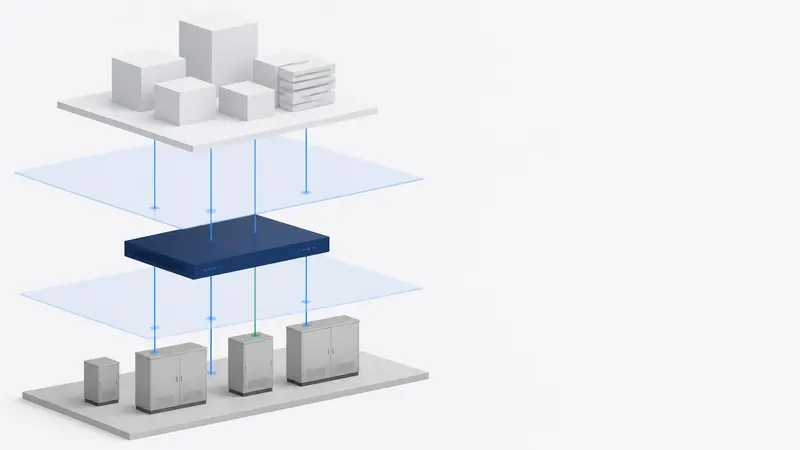 Isometric illustration of three stacked tiers — site equipment cabinets, a navy edge controller, and pale cloud blocks — joined by blue connectors passing through translucent boundary planes.