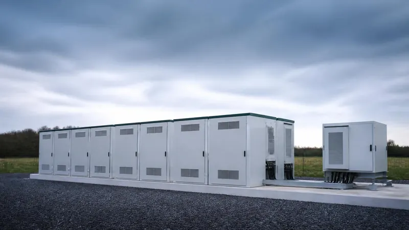 A row of commercial-scale battery storage enclosures on a concrete pad beneath an overcast sky, with a separate inverter cabinet alongside.