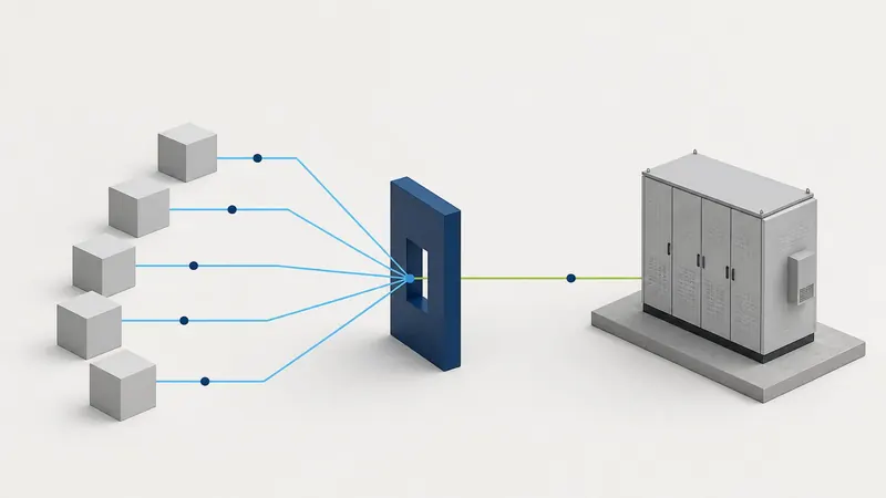 Isometric illustration of several plain grey option blocks converging through a single navy gateway, then continuing as one green line to a delivered equipment cabinet.
