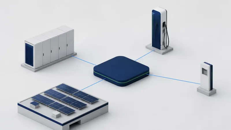 Isometric illustration of a single navy record slab linked by thin blue lines to a battery cabinet, a charging pedestal, a utility meter, and a flat commercial rooftop solar array.