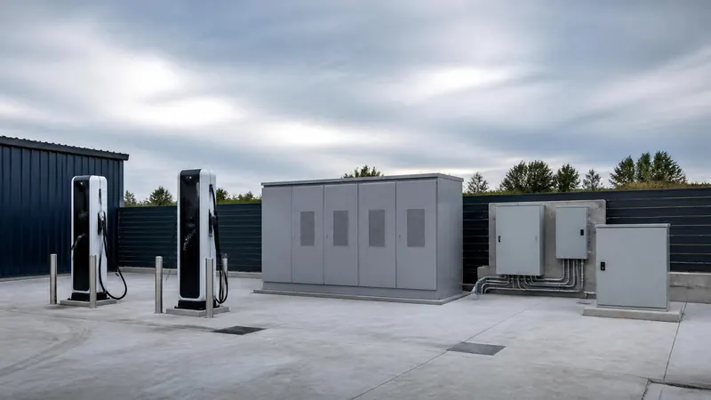 A commercial service yard under overcast daylight holding unbranded charging pedestals, a grey battery enclosure, and outdoor control and metering cabinets on a concrete pad.