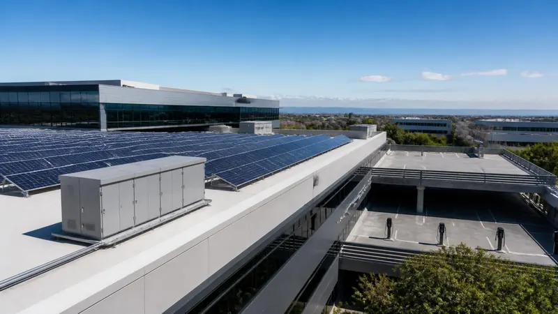 Elevated daylight view of a commercial business park with rooftop solar arrays, a rooftop battery enclosure, and charging pedestals on the parking deck below.